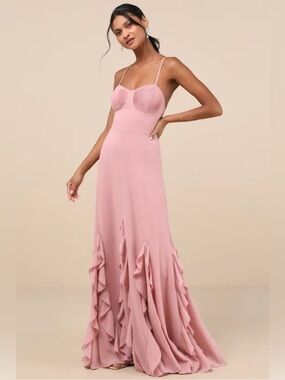 Lulus Priela Pink Ruffled Lace-Up Maxi Dress Pink XS NWT
